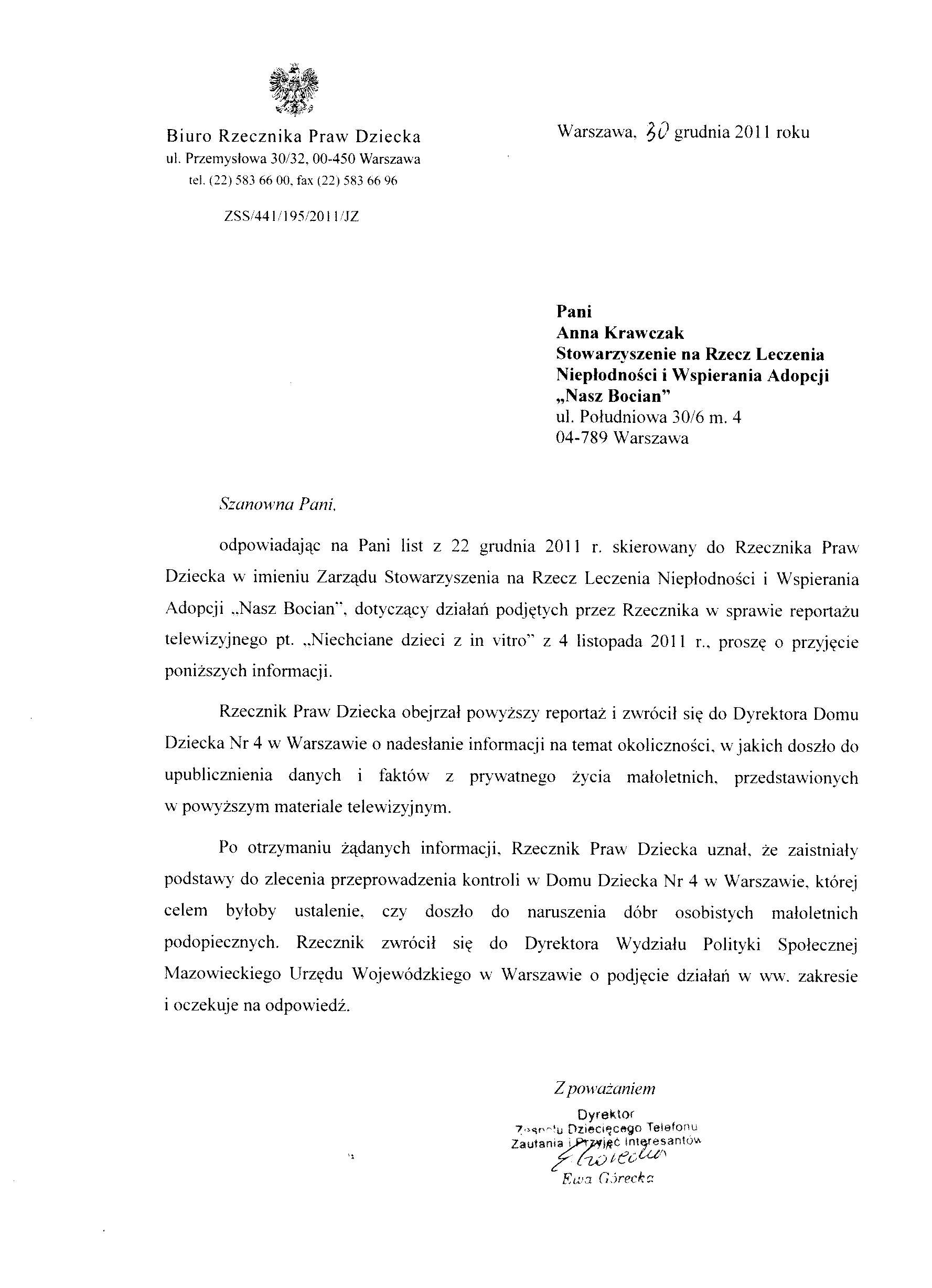 odpowiedź RPD w sprawie reportażu Panoramy z dnia 10.11.2011 "niechciane dzieci z in vitro"