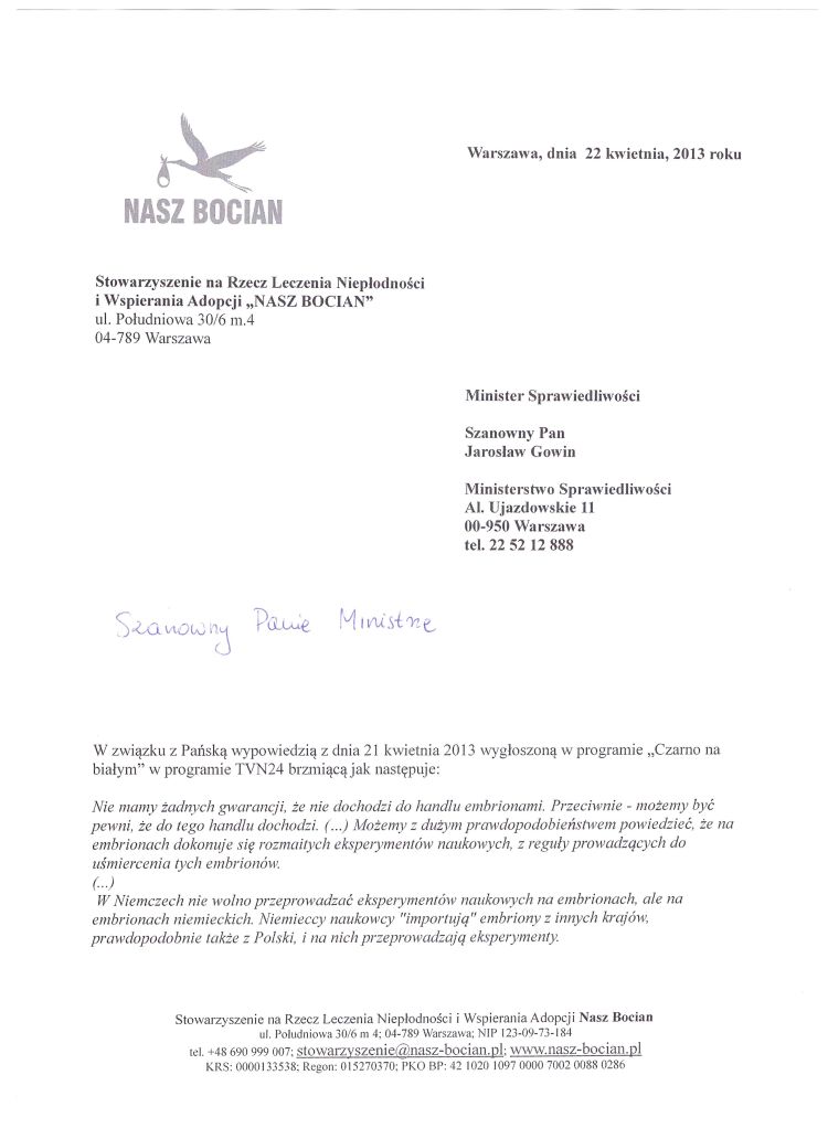 Pismo Stowarzyszenia NASZ BOCIAN w sprawie wypowiedzi Pana Ministra Jarosława Gowina odnośnie handlu zarodkami