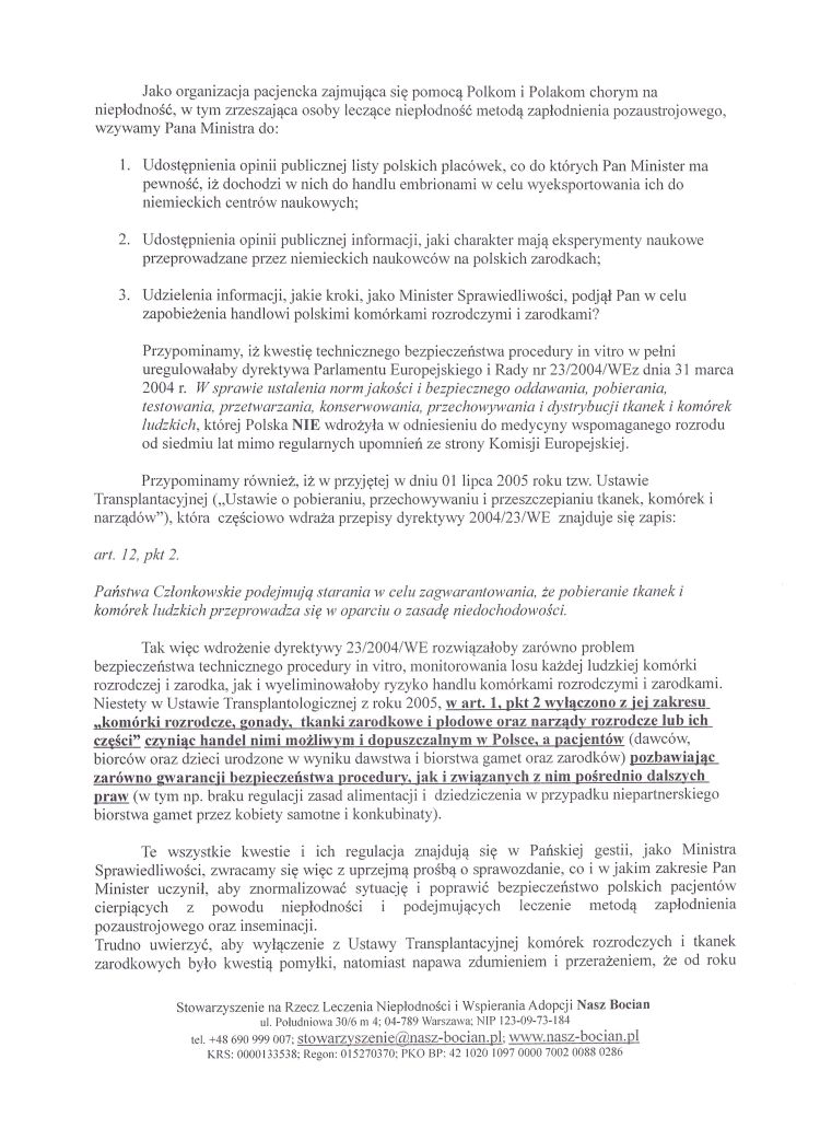 Pismo Stowarzyszenia NASZ BOCIAN w sprawie wypowiedzi Pana Ministra Jarosława Gowina odnośnie handlu zarodkami