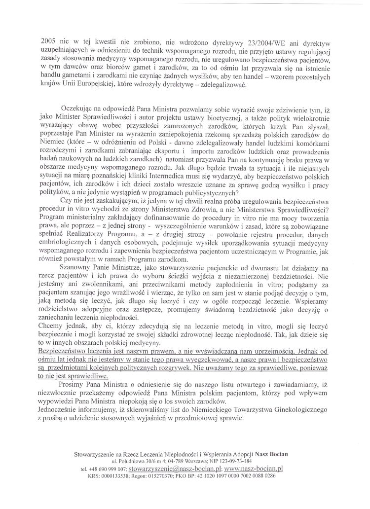 Pismo Stowarzyszenia NASZ BOCIAN w sprawie wypowiedzi Pana Ministra Jarosława Gowina odnośnie handlu zarodkami