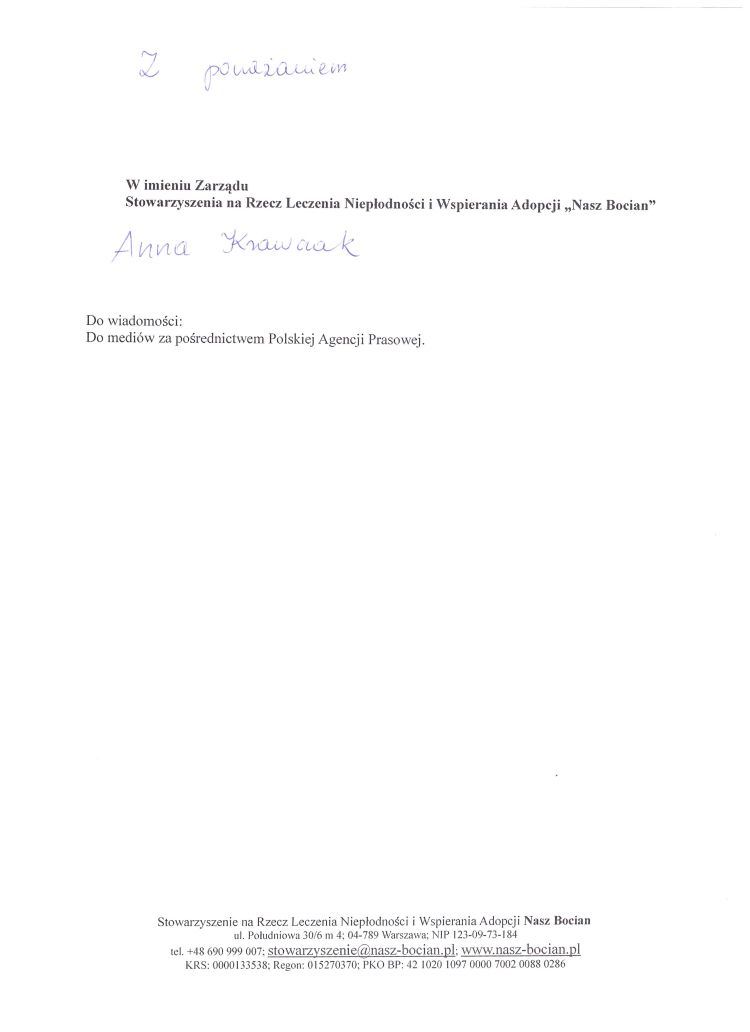Pismo Stowarzyszenia NASZ BOCIAN w sprawie wypowiedzi Pana Ministra Jarosława Gowina odnośnie handlu zarodkami