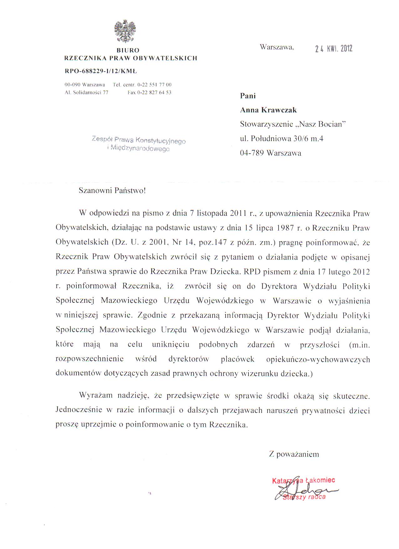 odpowiedź RPO w sprawie reportażu Panoramy z dnia 10.11.2011 "niechciane dzieci z in vitro"